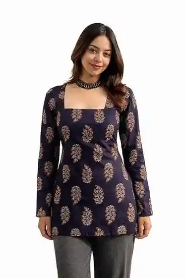 Womens Cotton Printed Square Neck Short Kurti